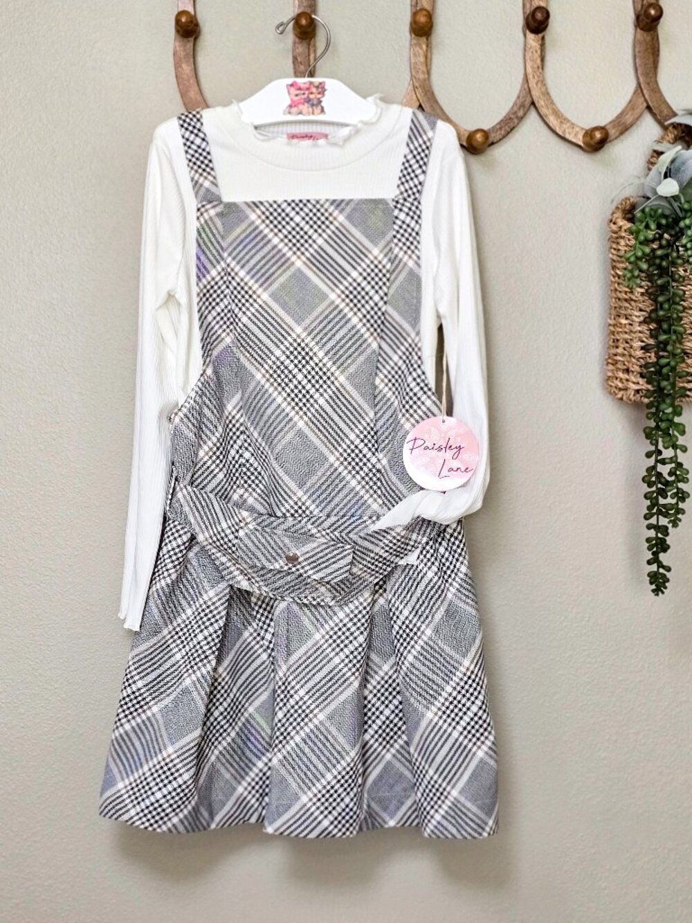 Paisley Lane Girls Size 10 Plaid Pinafore Dress w/ Shirt & Pocket Belt